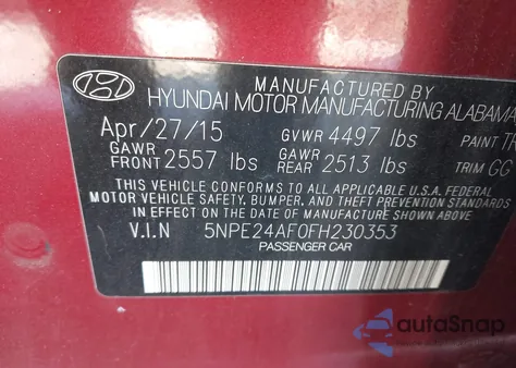 2015 Hyundai Sonata Se z USA, uszkodzony, nr VIN 5NPE24AF0FH230353